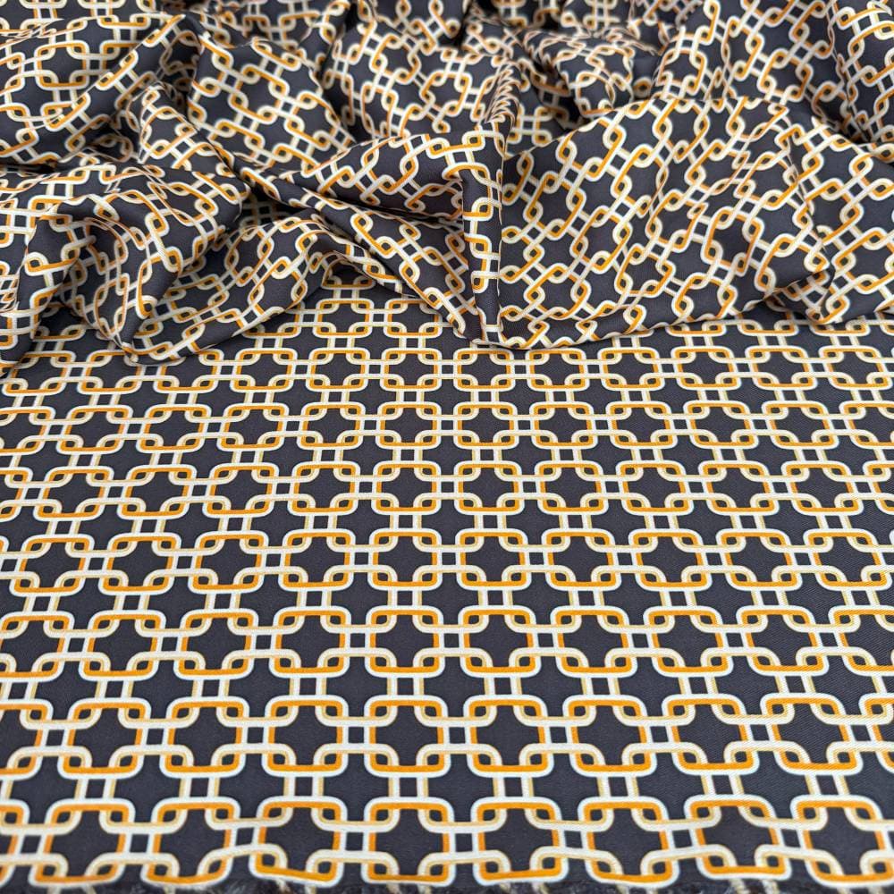 Tecido Estampado Viscoseda Padrão Geométrico Dourado - Atacado