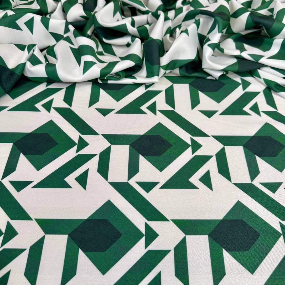 Tecido Estampado Crepe Elise - Padrão Geométrico Verde