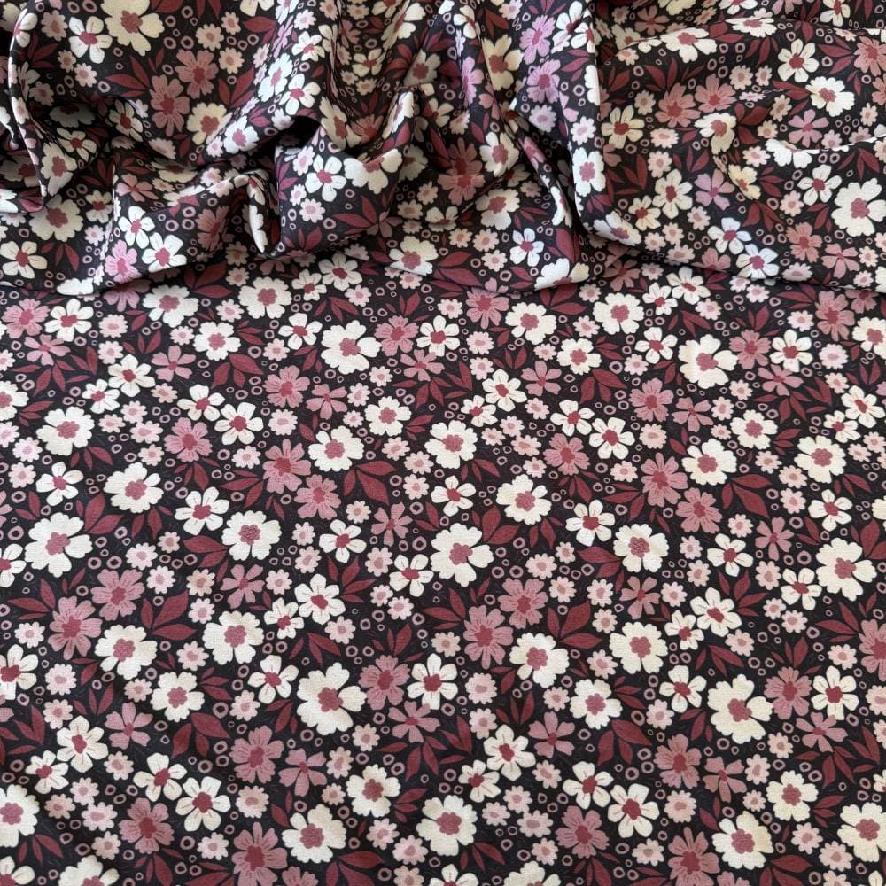 Tecido Estampado Viscoseda - Floral Margaridas Vinho