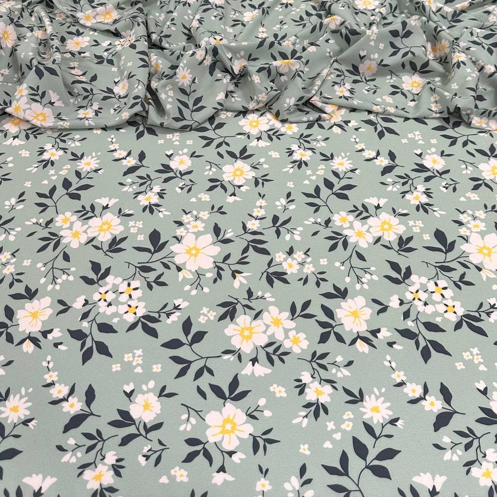 Tecido Estampado Viscoseda floral verde delicado - Atacado