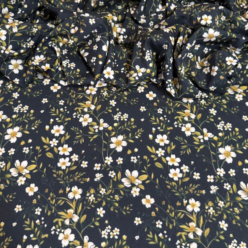 Tecido Estampado Viscoseda Flores Margaridas Brancas - atacado
