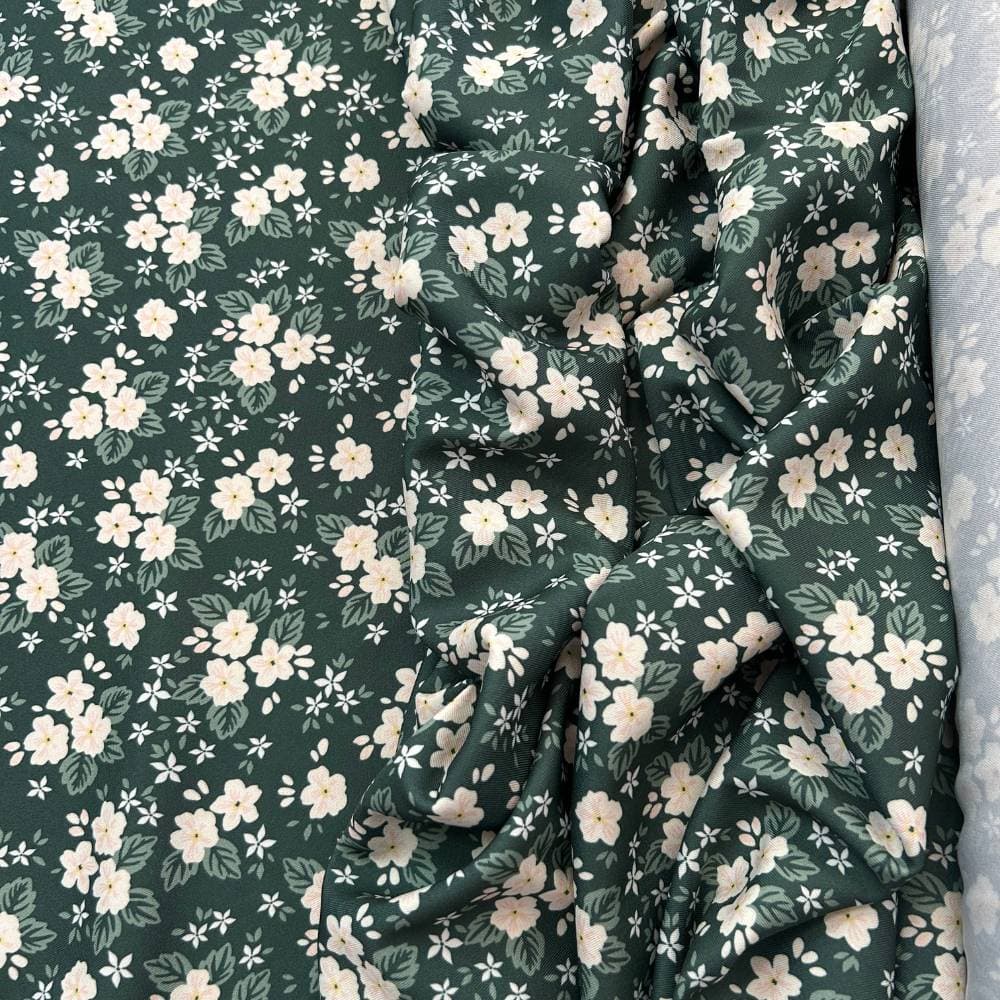 Tecido Estampado Crepe Elise - Flor Miúda Verde Escuro