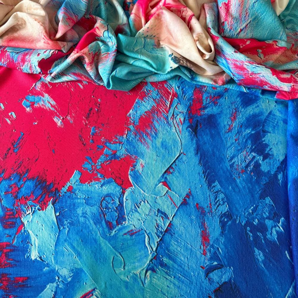 Tecido Estampado Crepe Elise - Marmorizado Pintura Pop Rosa e Azul