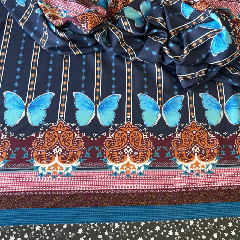 Tecido Estampado Crepe Elise - Barrado Duplo Borboletas