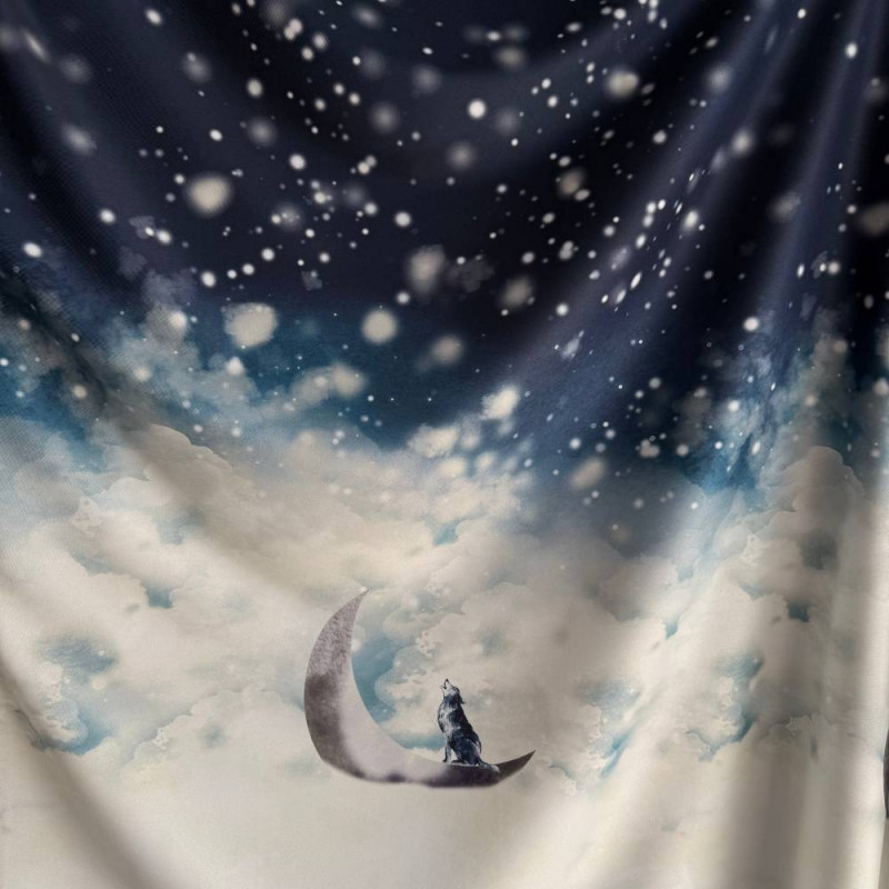 Tecido Estampado Crepe Elise - Barrado Lua Cheia Lobo