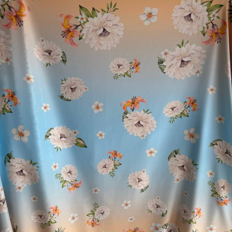 Tecido Estampado Crepe Elise - Flores Degradê Azul e Laranja