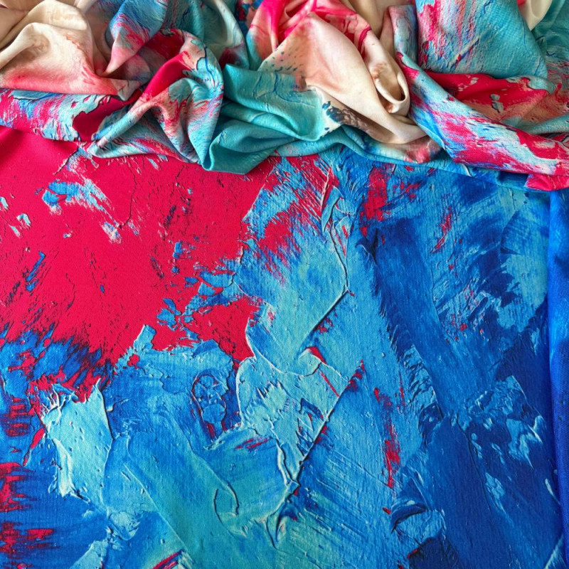 Tecido Estampado Crepe Elise - Marmorizado Pintura Pop Rosa e Azul