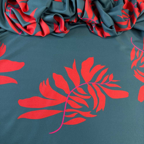 Tecido Estampado Crepe Elise - Ramos Abstrato Vermelho Vivo