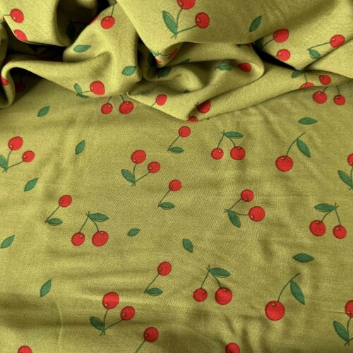 Tecido Estampado 100% Viscose - Cherry Verde Oliva Tecido Estampado 100% Viscose - Cherry Verde Oliva