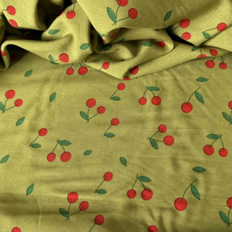 Tecido Estampado 100% Viscose - Cherry Verde Oliva Tecido Estampado 100% Viscose - Cherry Verde Oliva