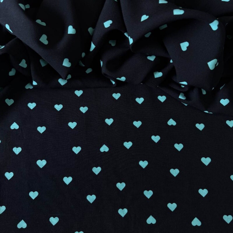 Tecido Estampado 100% Viscose - Corações Love Preto e Ciano Tecido Estampado 100% Viscose - Corações Love Preto e Ciano