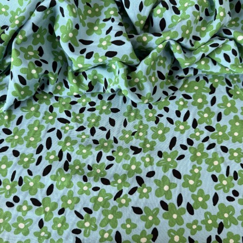 Tecido Estampado 100% Viscose - Liberty Flor Verde e Azul Ciano Tecido Estampado 100% Viscose - Liberty Flor Verde e Azul Ciano