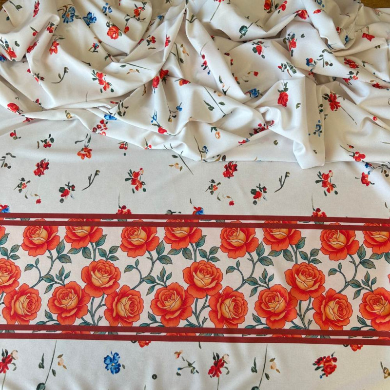 Tecido Estampado Viscoseda Barrado Primavera Rosas Laranja