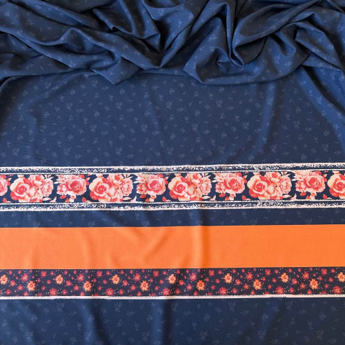 Tecido Estampado Viscoseda Barrado Rosas Azul Petróleo