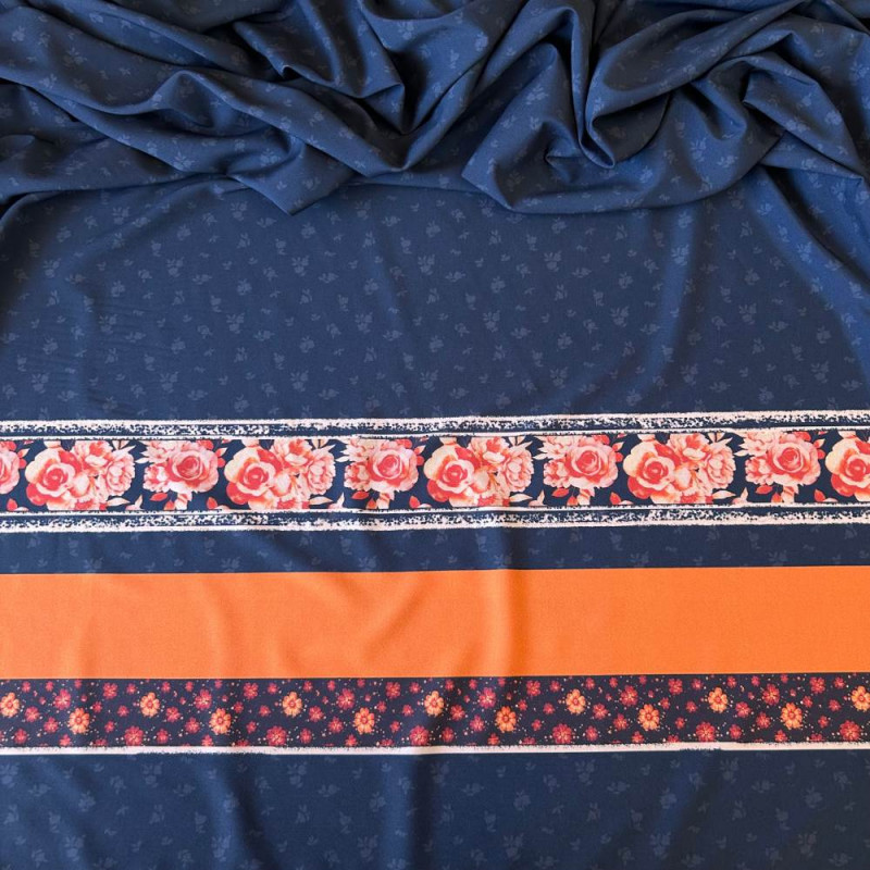 Tecido Estampado Viscoseda Barrado Rosas Azul Petróleo