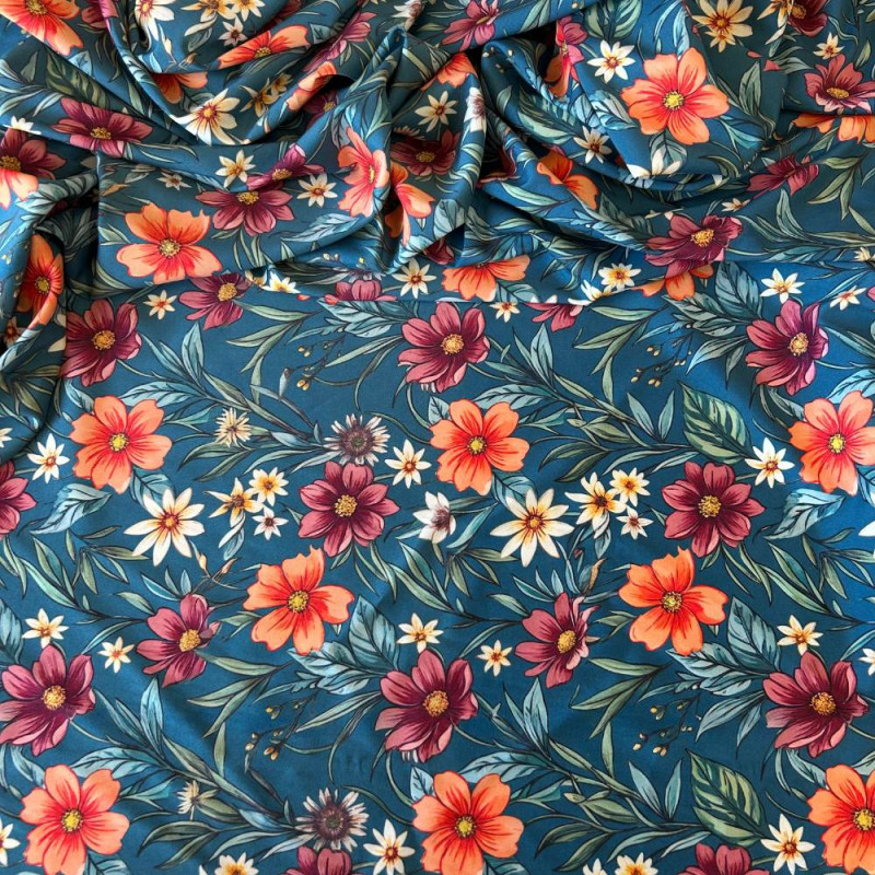 Tecido Estampado Viscoseda Flores do Crepúsculo Azul Cobalto