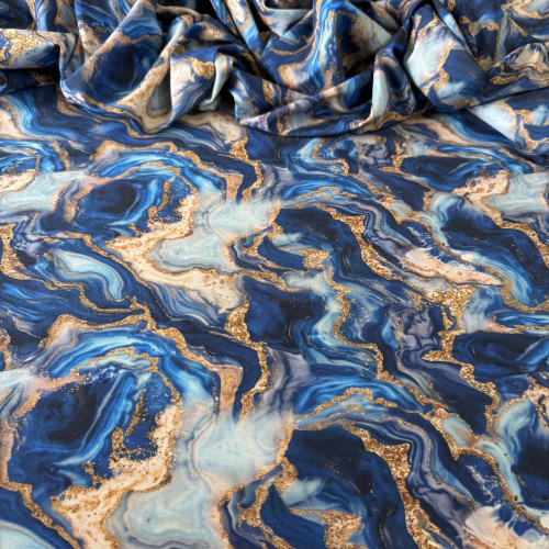 Tecido Estampado Viscoseda Marmorizado Azul e Dourado