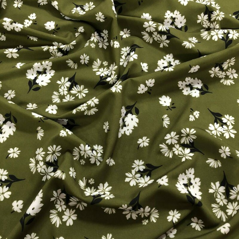 Tecido Estampado Viscoseda flores verde militar