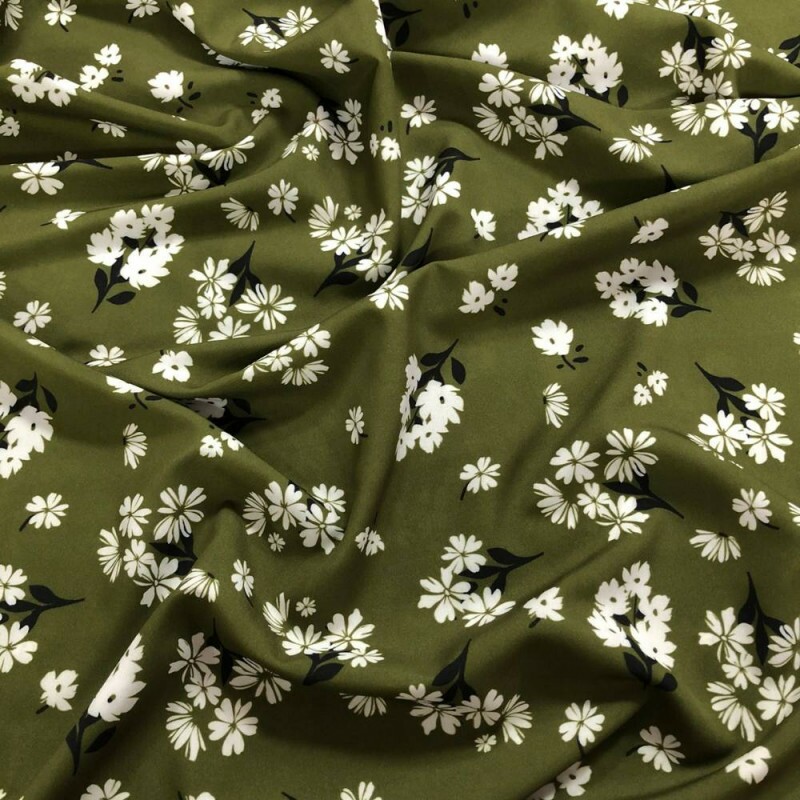 Tecido Estampado Viscoseda flores verde militar - Atacado