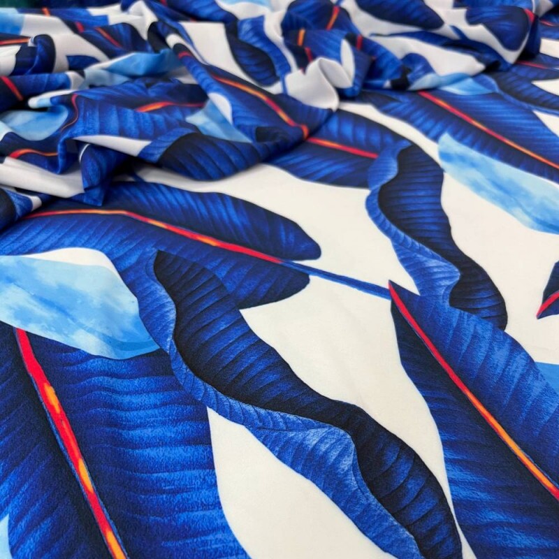 Tecido Estampado Viscoseda folhagem azul - Atacado
