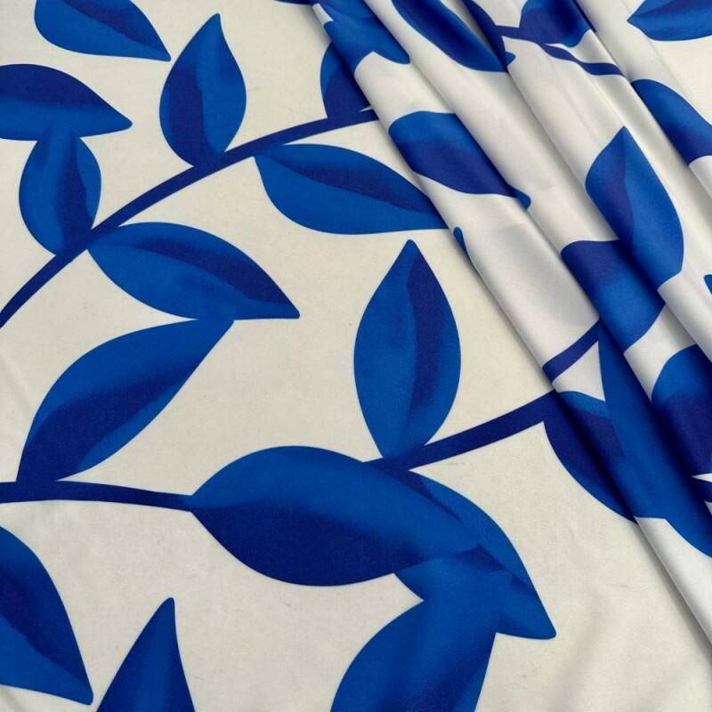 Tecido Estampado Viscoseda folhagem azul e branco