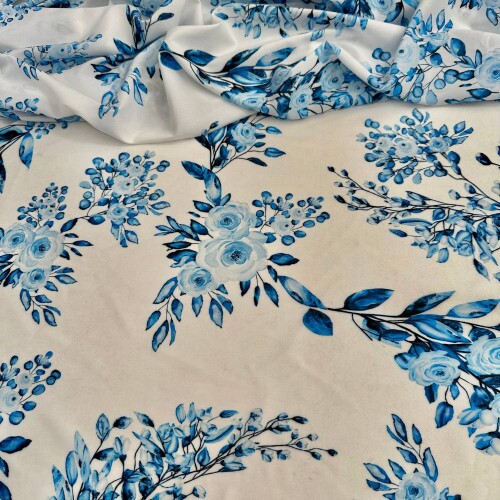 Tecido Estampado Viscoseda rosas azul - Atacado