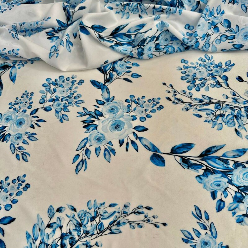 Tecido Estampado Viscoseda rosas azul - Atacado