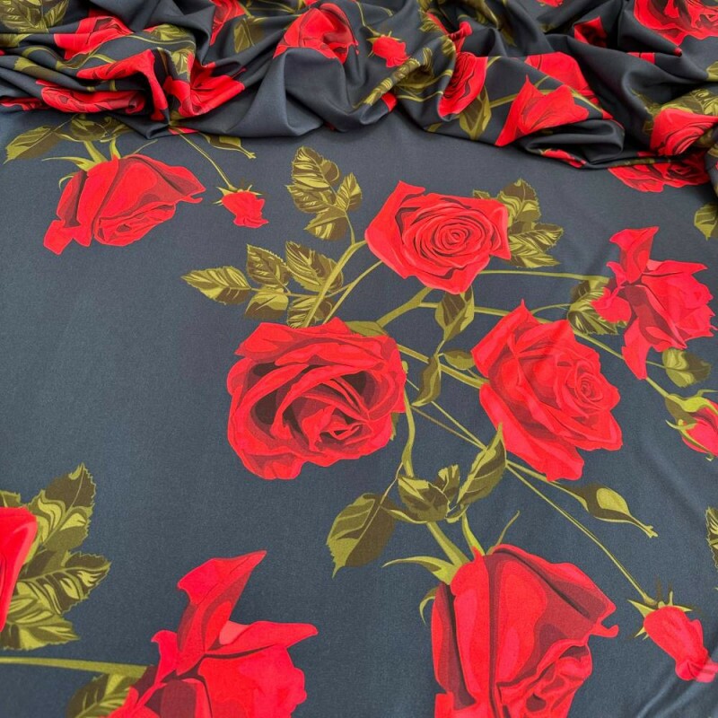Tecido Estampado Viscoseda rosas azul marinho - Atacado