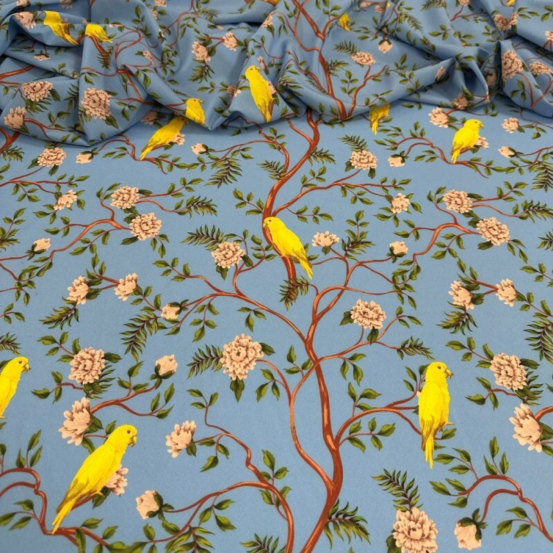 Tecido Estampado Viscoseda pássaros amarelos  - Atacado