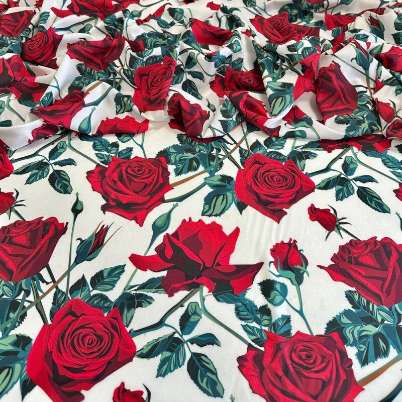 Tecido Estampado Viscoseda rosas vermelhas - Atacado