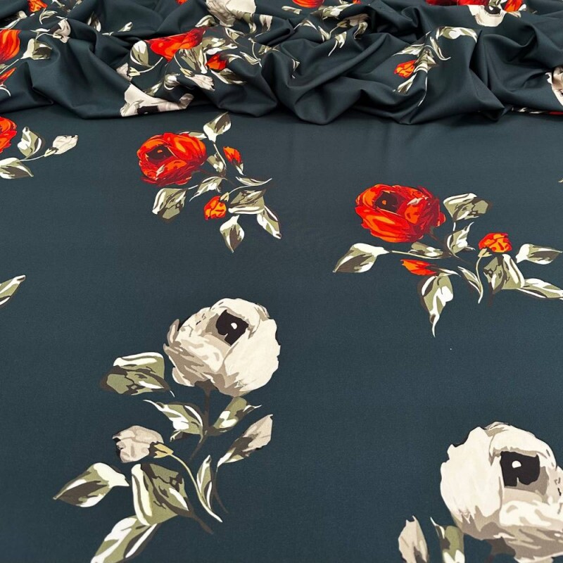 Tecido Estampado Viscoseda floral verde petróleo - Atacado