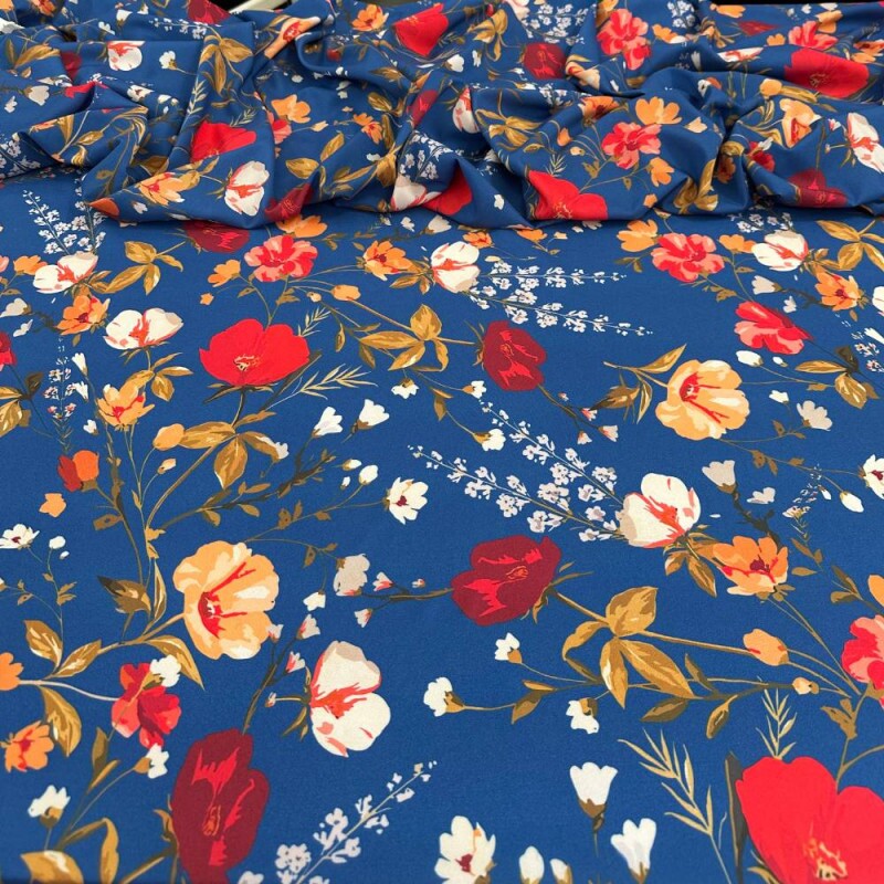Tecido Estampado Viscoseda floral fundo azul - Atacado