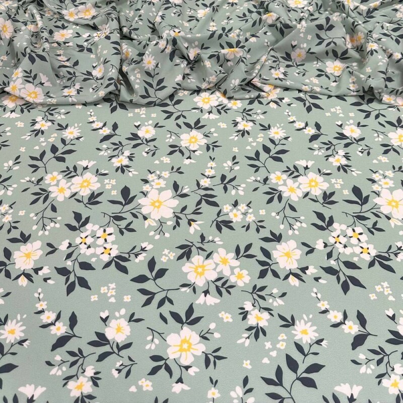 Tecido Estampado Viscoseda floral verde delicado - Atacado