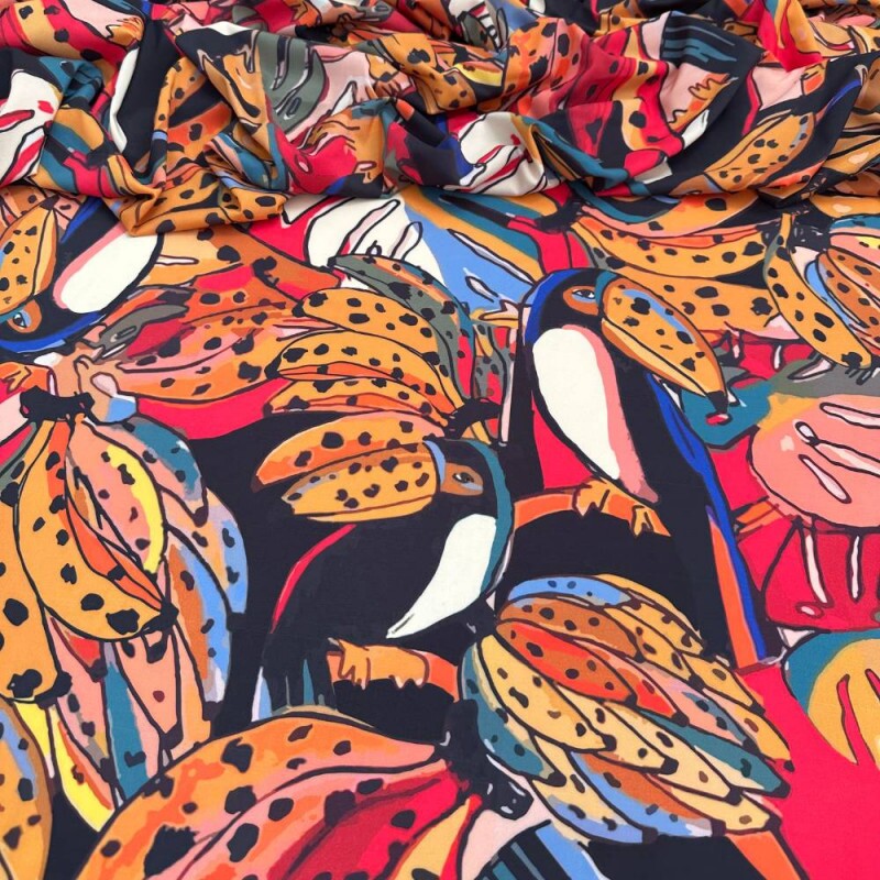 Tecido Estampado Viscoseda bananas e tucanos - Atacado