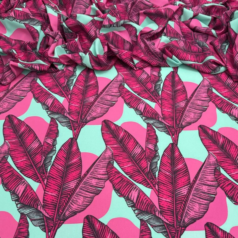 Tecido Estampado Viscoseda folhagem pink - Atacado