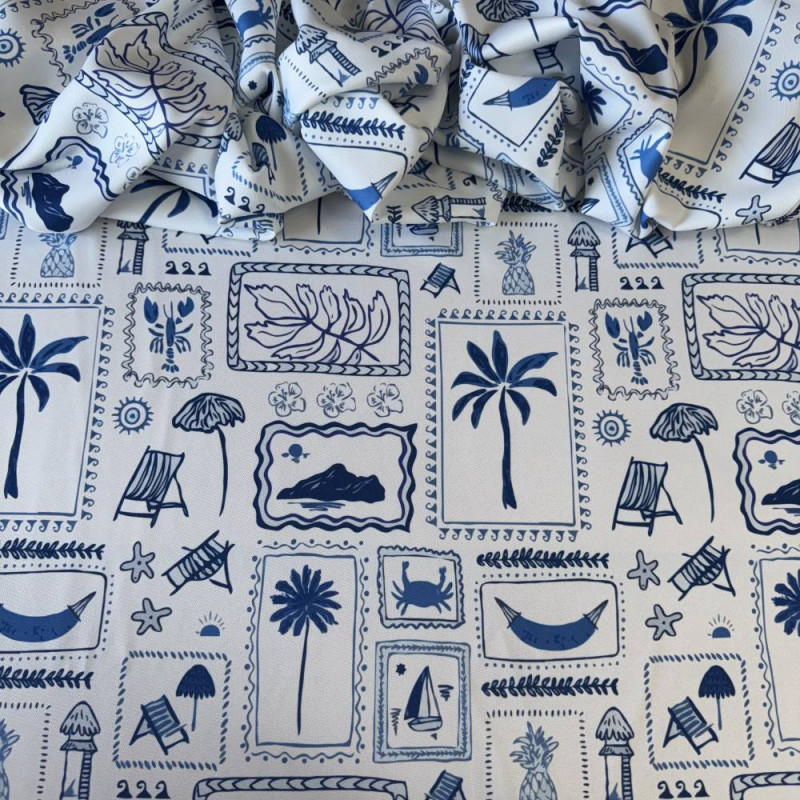Tecido Estampado Viscoseda Praia Azul - Atacado