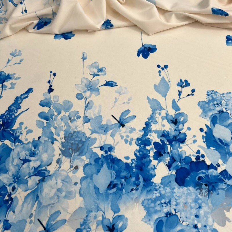 Tecido Estampado Viscoseda barrado floral azul