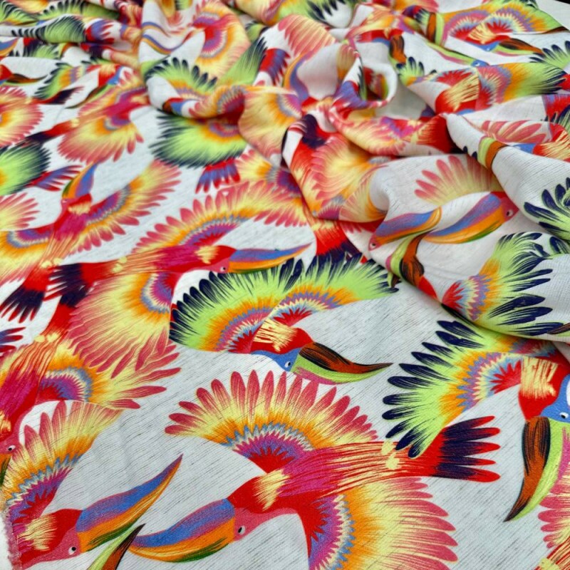 Tecido Estampado Viscose  com Linho tucanos colors