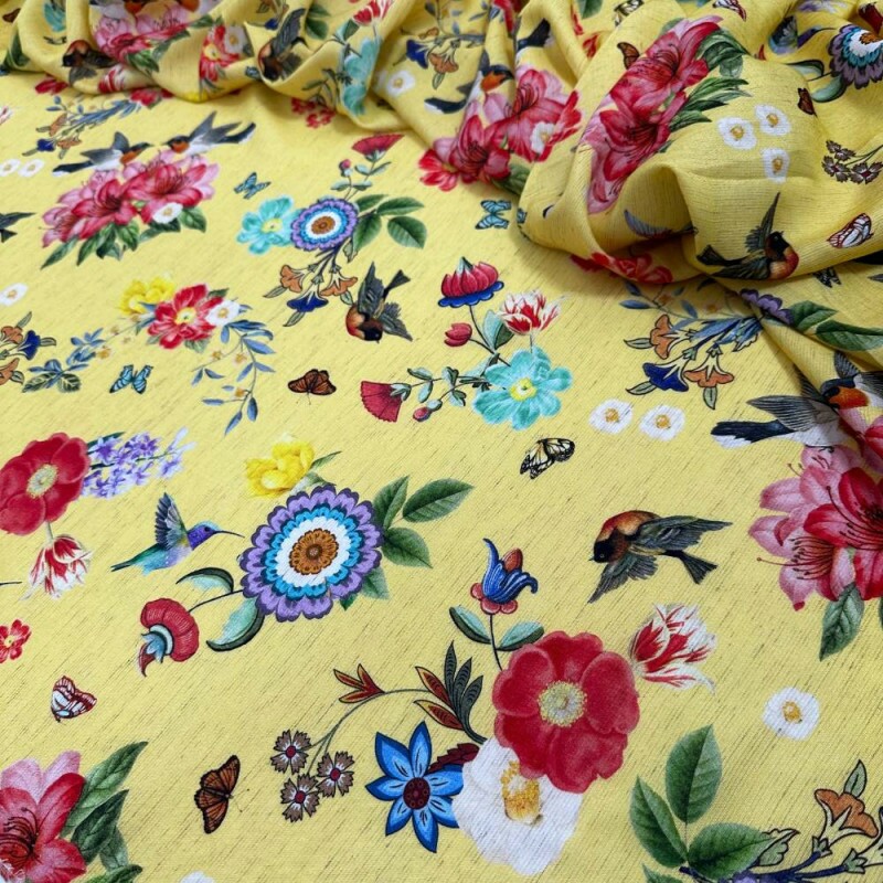 Tecido Estampado Viscose  com Linho floral amarelo