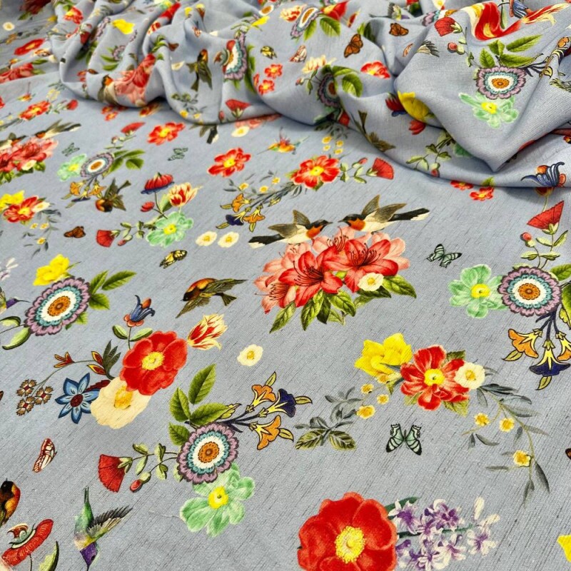  Tecido Estampado Viscose com Linho floral azul serenity