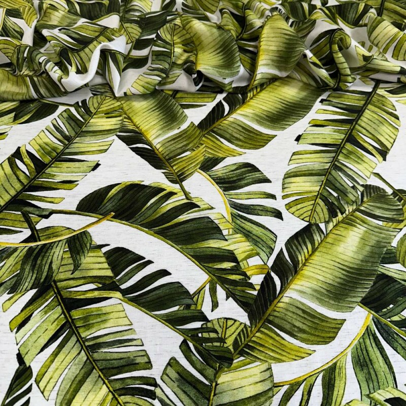  Tecido Estampado Viscose com Linho folhagem de banana