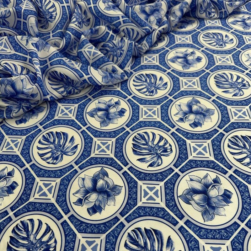 Tecido Estampado Viscose  Eco Premium azul/branco