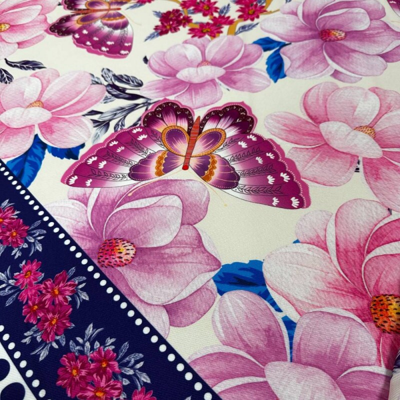 Tecido Estampado Crepe Evolve barrado de flores e borboletas