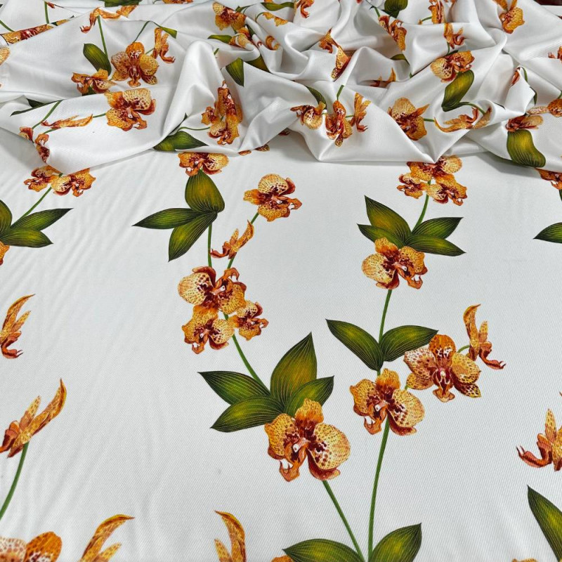 Tecido Estampado Crepe Evolve orquídeas - atacado