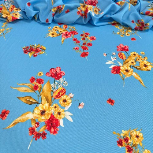 Tecido Estampado Viscose  Eco Premium flores azul turquesa