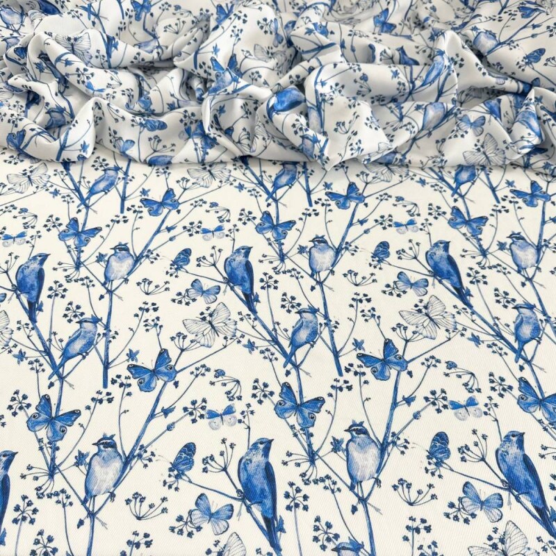 Tecido Estampado Viscose  Eco Premium flores pássaros 