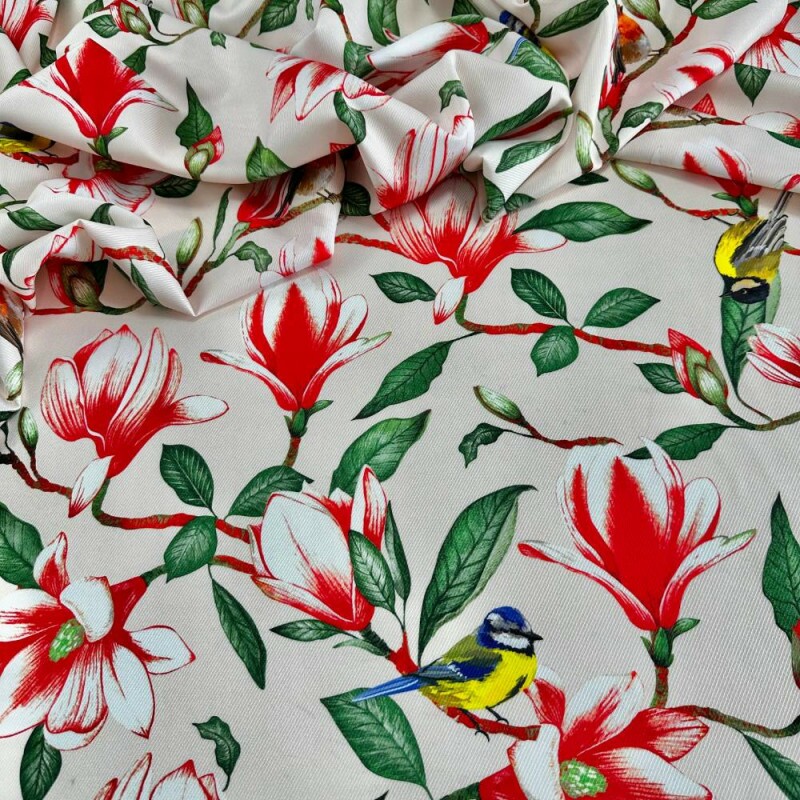 Tecido Estampado Crepe Evolve pássaros e flores 3