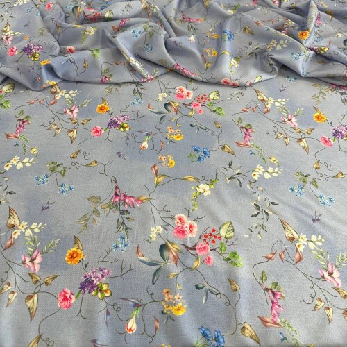 Tecido Estampado Crepe Evolve flores azuis 2