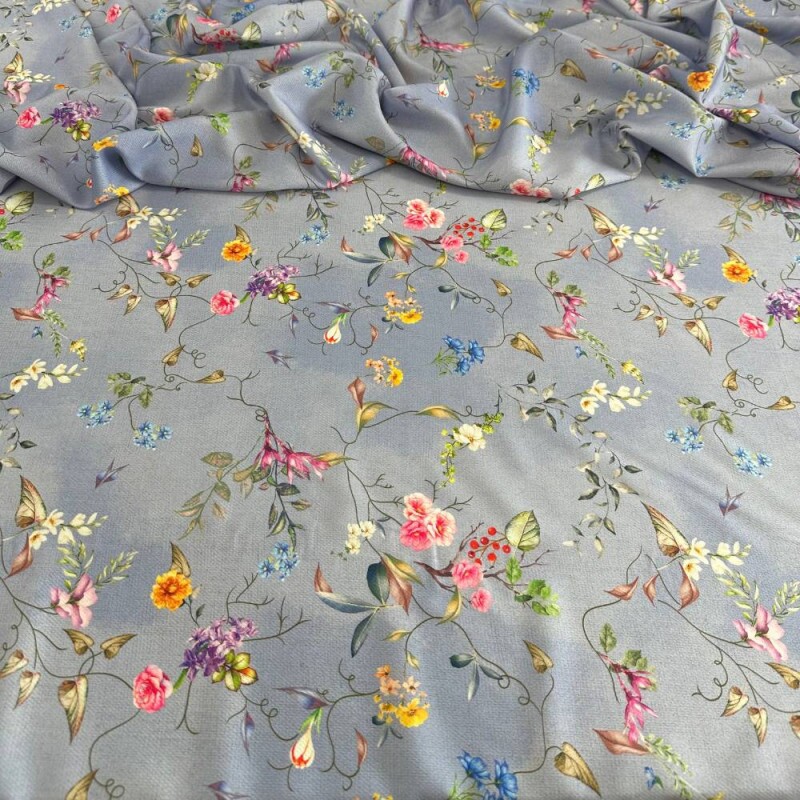 Tecido Estampado Crepe Evolve flores azuis 2