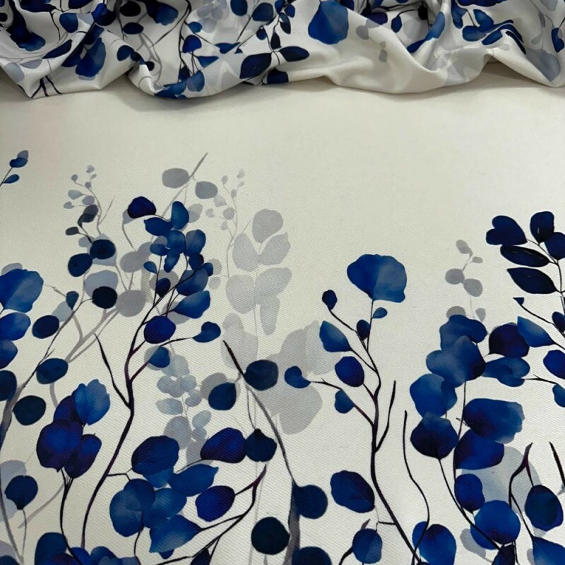 Tecido Estampado Crepe Evolve barrado de flores azuis